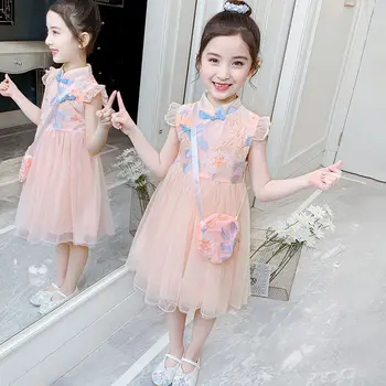 Kızlar yaz elbisesi 2021 Yeni çocuk Zarif Batı Tarzı Cheongsam Sevimli Prenses Elbise Nakış Net İplik Vintage Elbise 12T