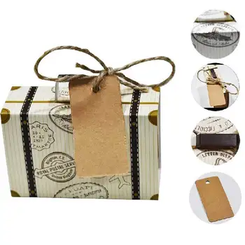 50 adet Seyahat Bavul Favor Kutuları Çuval Bezi Sicim Mini Vintage Kraft Şeker Favor Kutuları hediye keseleri Düğün için