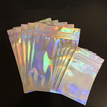 50 ADET Yanardöner Zip Kilit plastik Torba Alüminyum Folyo Hologram yiyecek torbası Su Geçirmez Fermuar Yeniden Kapatılabilir Torbalar Holografik Çanta