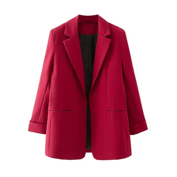 Kırmızı Düğmesiz Şık Blazer Kadın Orta Uzunlukta Katı Renkler Takım Elbise 2021 İlkbahar Sonbahar Ofis Bayan Rahat İş Zarif Blazer Moda