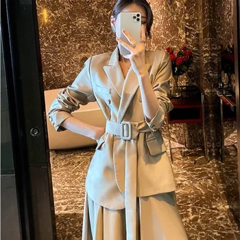 Zarif Moda Ofis Bayan Blazer Düzensiz Fırfır Etek İki Parçalı Set Lüks Kruvaze Sashes Takım Elbise Ceket Kadın S-L