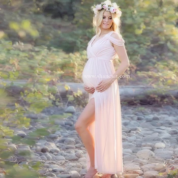 Seksi V Boyun Kısa Kollu Uzun Gebelik Elbise Fotoğraf Sahne Pamuk Maxi Hamile cüppeli elbiseler Photoshoot İçin Hamile Kadınlar