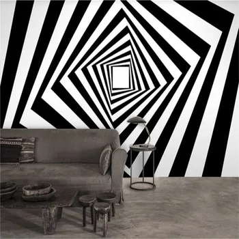 Modern Siyah ve Beyaz Geometrik Soyut Dönen Konsantrik Kareler duvar kağıdı 3D Oturma Odası yatak odası dekoru Duvar Kağıdı 3D
