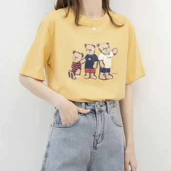 Yaz kadın Rahat Tüm Maç Ayı Baskı Sevimli Üst T Shirt 2021 Moda Yuvarlak Boyun Kısa Kollu Gevşek Pamuk Kore kadın T-shirt