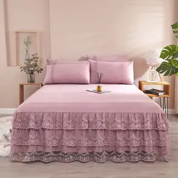 Lüks Katı Prenses Yatak Etek Yastık Kılıfı yatak takımı Fırfır Üç Kat Dantel Yatak Örtüleri Levha Yumuşak Çarşaf Kapak Ev Tekstili