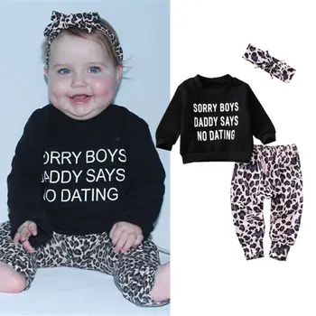 Moda Toddler Yenidoğan Bebek Kız Giysileri Uzun Kollu Mektup Üst T-shirt + Leopar Pantolon + Kafa Eşofman 3 ADET Kıyafet Seti