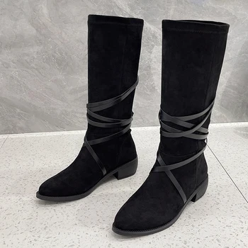 ENMAYER Şövalye Çizmeler Flats Size35-39 Kadın Diz Yüksek Çizmeler Ince Topuk Kayma Parti Kulübü Kış Bayanlar Siyah Çizmeler Platformu