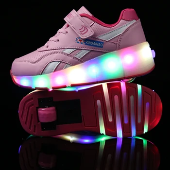 Yeni Pembe Siyah USB Şarj Moda Kız Erkek led ışık Paten Ayakkabı Çocuklar Çocuklar İçin Sneakers İle Tekerlekler Tek tekerlekler