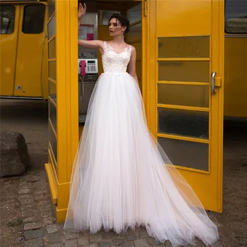 2021 Şeffaf V Yaka Tül Etek Dantel Aplikler düğün elbisesi Özel Bahar Uzun Kadın gelinlikler Moda Robe De Mariage