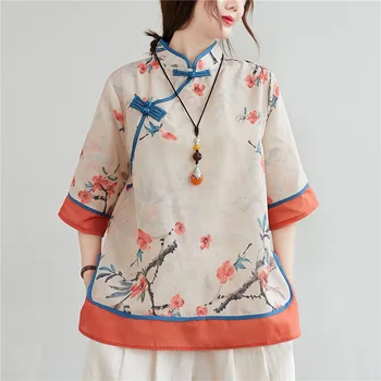 Pamuk ve Keten Tang Takım Elbise kadın Giysileri Sonbahar Çin Geleneksel Tarzı Baskı Gevşek Üç çeyrek Kollu Çay Servisi T-shirt