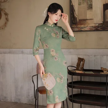 Çin İnce Baskı Kadın Cheongsam Düz Elbiseler Vintage Mandarin Yaka Ziyafet balo elbisesi Yarım Kollu Sonbahar Qipao Etekler