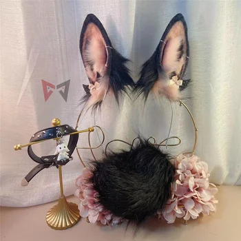 Yeni El Yapımı Çalışma Siyah Pembe Bunny Tavşan Kulaklar Saç Çember Kuyruk Kolye Küpe Cosplay Lolita Aksesuarları Şapkalar