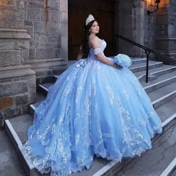 Çarpıcı Bahama Mavi Tatlı 16 Quinceanera Elbise Sequins Dantel Aplike Sevgiliye Çıkarılabilir Kısa Kollu vestido de 15 anos