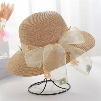 Yaz Plaj hasır şapka Kadın Kız Dantel Yay Çiçek güneş şapkası güneş şapkası Büyük Ağız