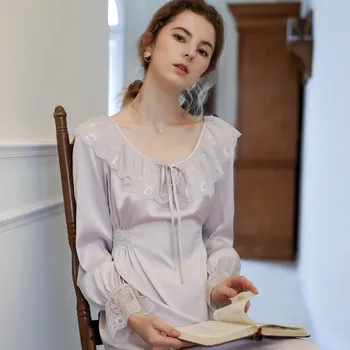 Prenses Nightdress Bahar Yaz Kadın Fransız Mahkeme Tarzı Pijama Uzun Gecelik Kol Patchwork Dantel Rayon Ev Elbise