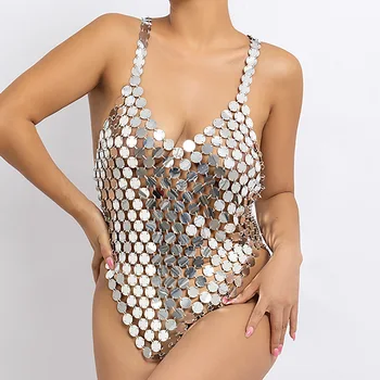Hollow Sequins Bikini Elbise Kız Seksi V-şekilli Geometrik Splice Vücut Zinciri