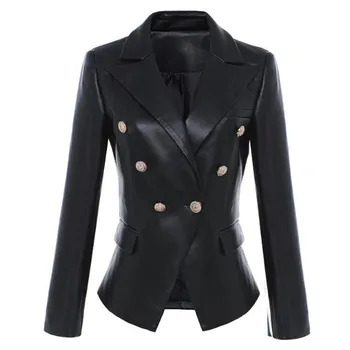 2021 Sonbahar Bahar Kadın Siyah Blazer Deri Ceket Ceket Aslan Metal Düğmeler Streetwear PU İnce Takım Elbise Palto Kadın Giyim