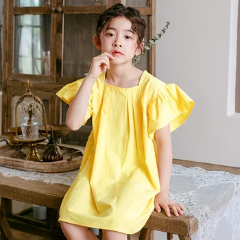 Gevşek Prenses Elbise Zarif Sarı Çocuklar Kızlar için Elbiseler Yaz Pamuk Kız Elbise çocuk giyim 4 6 8 10 12 14 yıl