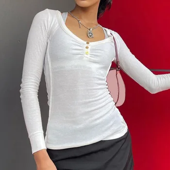 Dourbesty 90s 00s Rahat T-Shirt Y2K Kaburga Örme Beyaz Düğme Uzun Kollu Slim Fit Temel Tees Sevimli Kırpma Üstleri Bahar Streetwear