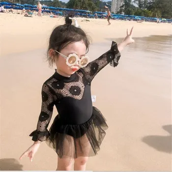 Yaz Çocuk Kız Siyah Güneş Koruyucu Uzun Kollu Dantel Tek Parça Mayo Plaj Spor Siyah Çiçekler Mayo 3-6Y A205
