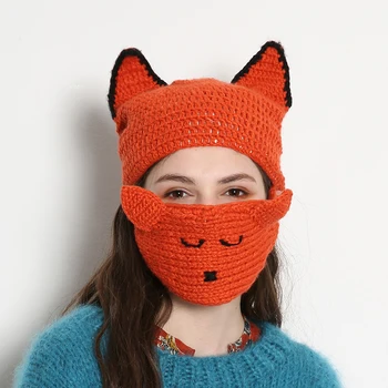 BomHCS Büyük Kulaklar Bere Gülümseme Maskesi El Yapımı Kış Sıcak Kalın Örme Şapka Kapaklar