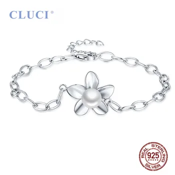 CLUCI 100 % Gümüş 925 Kolye Bilezik Ayarlanabilir Kadınlar Çiçek 7-8mm Beyaz Yuvarlak İnci Kolye Bilezik 7.5