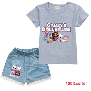 Gabby bu Dollhouse Kediler Elbise Bebek Yaz Giyim Çocuklar tişört Rahat Kıyafetler Çocuklar Pamuk + Denim Şort Kızlar 2pcs Setleri