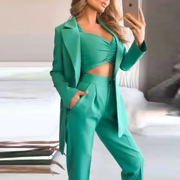 Kadın 3 Parça Katı Jartiyer ve Takım Elbise Yaka Ceket ve İnce Pantolon Setleri Ofis Moda İş Takım Elbise Sonbahar