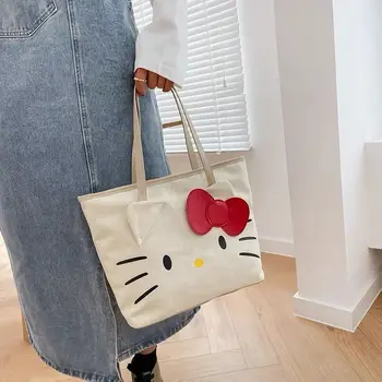 Sanrio Hellokittykawaii Kanvas Çanta kadın Yeni Moda Tote Çanta Karikatür Büyük Kapasiteli kol çantası Çanta