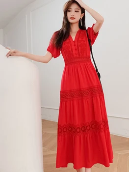 GypsyLady Çiçek Nakış Maxi Elbise Kırmızı Pamuk Dantel 2xxl yaz tatil elbisesi Hollow Out Sheer Boho Seksi Chic Kadınlar Elbiseler