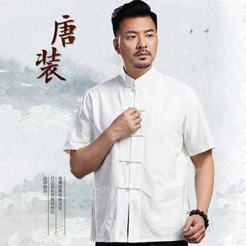 Çin Tarzı Erkekler Kısa Kollu Üstleri Tang Takım Elbise Retro Pamuk Zen Çay Gömlek Cheongsam Keten Rahat Gevşek Bluz Oryantal Giyim