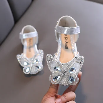 Boyutu 21-36 2022 Moda Gümüş Prenses Sandalet Bebek Boncuklu İlmek Çocuk tek ayakkabı Kızlar Parti Performans Elbise Daireler