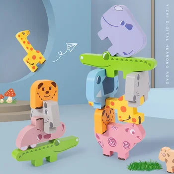 Montessori Ahşap Hayvan İstifleme Yüksek Yapı Taşı Dinozor Denge Yapı Taşları Tahta Oyunları Oyuncaklar Çocuklar İçin Eğitim