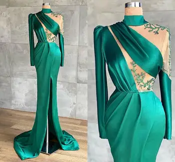 Uzun Kollu Balıkçı Yaka Mermaid balo kıyafetleri Seksi Ön Bölünmüş Dubai Bayanlar Yeşil Dantel Saten Parti Abiye giyim robe soirée femme