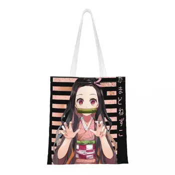 Nezuko Kimetsu Hiçbir Yaiba omuzdan askili çanta Kadın Tuval alışveriş çantası Moda iblis avcısı Anime Büyük Kapasiteli Tote Çanta çizimli çanta
