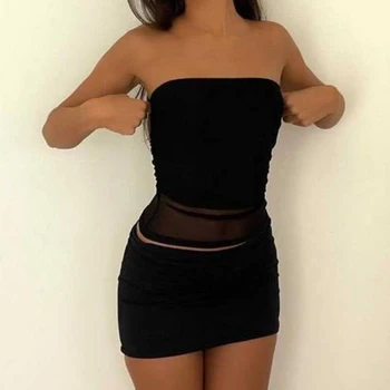 Seksi Kadın Giyim 2 Parça Set yaz elbisesi Bodycon Seti Siyah Örgü Patchwork Tüp Üst ve Mini Etekler