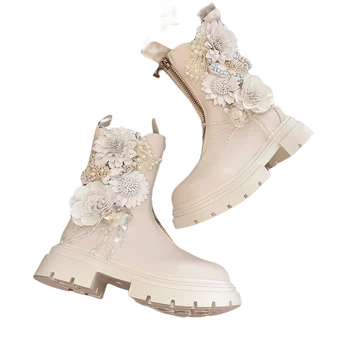 Bej Deri Kadın Peluş Kürk Zip Anke Çizmeler Platformu kış Ayakkabı 2022 Lolita Çiçekler İnciler Tatlı Patik Bayanlar rahat ayakkabılar