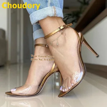 Choudory Kadınlar Şeffaf Şeffaf PVC Yüksek Topuk Ayakkabı Altın Toka Kayış yüksek topuklu sandalet Burnu açık Patchwork Ince Yüksek Topuk Pompaları