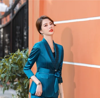 Yenilik Mavi Üniforma Tasarımları Blazers Ceketler Ceket Kadın Iş Iş Elbisesi Uzun Kollu OL Stilleri Blaser Dış Giyim Tops