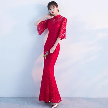 Kırmızı Dantel Cheongsam Uzun Qipao Elbiseler Çince Geleneksel Gelinlik Çin Giyim Mağazası Vestido Oryantal Boyutu XXXL