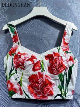 DLDENGHAN İlkbahar Yaz Kadın %100 % Pamuk Camiş Moda Tasarım Kadınlar Yüksek Sokak Vintage Kırmızı Çiçekler Baskı Sicilya Kısa Yelek