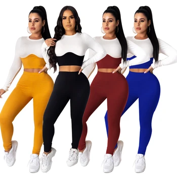 4 renkler Kadınlar Sıska İki parçalı Giysi Set Uzun Kollu Yuvarlak Yaka Kırpma Üst Uzun Pantolon Siyah / Koyu mavi / Şarap Kırmızı eşofman