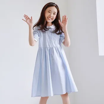 Mavi Çizgili Tiki Tarzı çocuk elbiseleri Kızlar İçin Pamuk Peter Pan Yaka Yaz 2020 Bebek Elbise Giyim Çocuk Elbiseleri 8 12