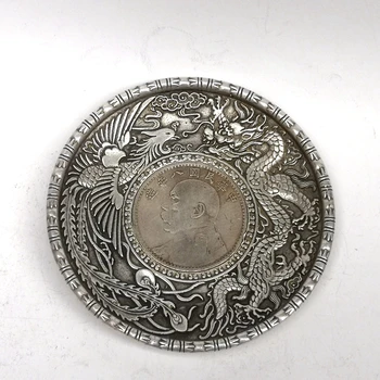 YİZHU KÜLTÜR SANAT Koleksiyonu Çin Eski Tibet Gümüş Ejderha ve Phoenix Kakma Sikke Çanak Dekorasyon