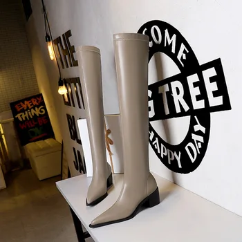 BIGTREE Moda PU Dikiş Chelsea Çizmeler Kadın Seksi Kare Topuklu Ayakkabılar Slip-On Over-the-Diz Sivri Burun Bahar Patik 2021 YENİ