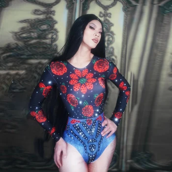 Kadın Şarkıcı Dansçı Sahne Kostüm Bar Parti Gösterisi Kıyafetler Gül Çiçek Baskılı Bodysuit Uzun Kollu Kristaller Sıska Leotard