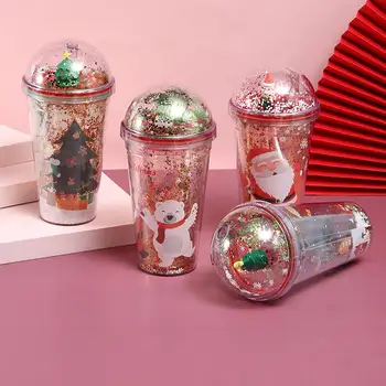 Noel Baba Su Şişesi Kızlar İçin Payetler ile Çift duvar pipetli bardak yeniden kullanılabilir Smoothie Kupası Drinkware