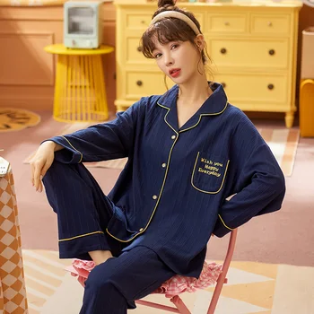 Kadın Hırka Turn-Aşağı Yaka Mektubu Desen Kıyafeti Takım Elbise Sonbahar Uzun Kollu Pijama Rahat Gecelik Büyük Metre M-5XL Pijama