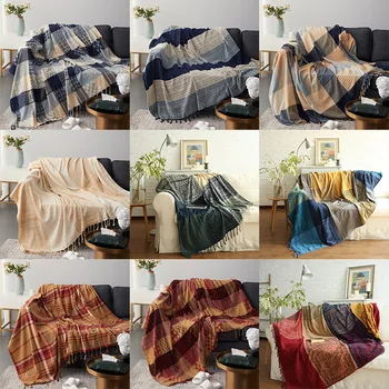 Vintage ekose jakarlı şönil kanepe havlu kanepe kılıfı renk blok çizgili püsküller kanepe battaniyesi goblen havlu rüzgar geçirmez battaniye