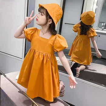 Çocuklar rahat elbise Kız 4 İla 12 Yıl Elbise Sarı Pembe Lavanta Doğum Günü Partisi Moda Katı Plise Prenses Elbiseler Göndermek Şapka